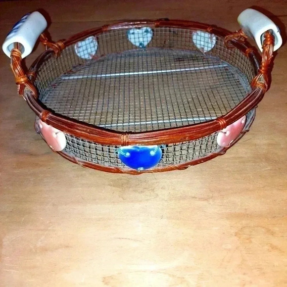 Vintage Other - Vintage Wire And Bamboo Basket With Porcelain Handles And Heart Details